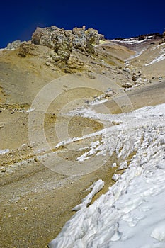 The road to Mina Julia is blocked by snow and ice, in the high altitude puna desert near Salta, Argentina