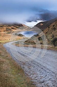 Road to Moke Lake in early morning fog