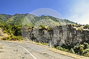 Road to the monastery of Haghpat in mountains with medieval caves in the rocks