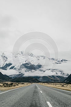 The road to Mount Cook New Zealand. Landscape snowy Alpine mountains.