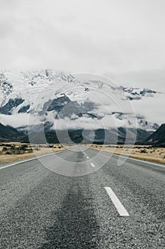 The road to Mount Cook New Zealand. Landscape snowy Alpine mountains.