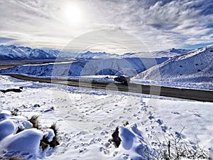 Road to Mount Dobson ski area in winter, South Island, New Zealand photo