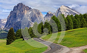 Road to Mt.Langkofel, Seiser Alm, Dolomites, Italy