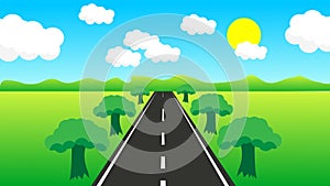 Road to nature backgroud vector illustration.Street with field , hills , clouds , trees and sun.Beautiful nature landscape