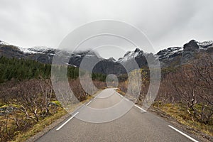 Road to the Nusfjord village, Lofoten islands, Norway