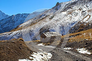 The road to the old wooden house on the acclimatization walk at Mount Elbrus