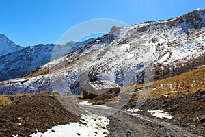 The road to the old wooden house on the acclimatization walk at Mount Elbrus