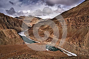 Road to Rumbak Valley and Yarutse, Hemis NP, Ladak, India. River with snow during winter, Himalayas. Mountain landscape in India