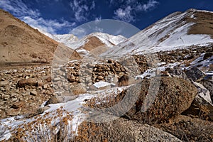 Road to Rumbak Valley and Yarutse, Hemis NP, Ladak, India. River with snow during winter, Himalayas. Mountain landscape in India