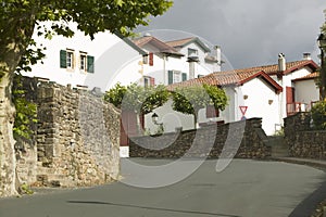 Road to Sare, France in Basque Country on Spanish-French border, is a hilltop 17th century village surrounded by farm fields, in