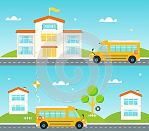 Road to and from school. School bus, school building, houses along the street