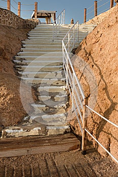 Road to the sea is made of sandstone and clay steps. Stairway to the beach, concept of rest