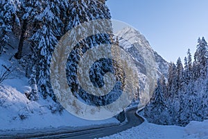 Road to snowy mountain in Austrian Alps