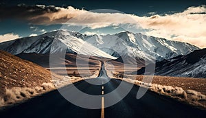 Road to snowy mountains in New Zealand. Travel and adventure concept.
