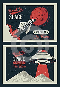 Road to space letterings with ufo and rocket in mars posters vintage style photo