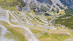 Road to the Stelvio mountain pass in Italy. Amazing aerial view of the mountain bends creating beautiful shapes