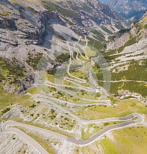 Road to the Stelvio mountain pass in Italy. Amazing aerial view of the mountain bends creating beautiful shapes