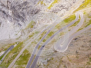 Road to the Stelvio mountain pass in Italy. Amazing aerial view of the mountain bends creating beautiful shapes