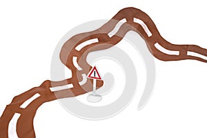 Road to success concept, brown leather wavy road with attention sign, abstract backdrop