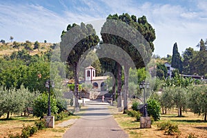 Road to the temple. View of Dajbabe Monastery. Podgorica, Montenegro