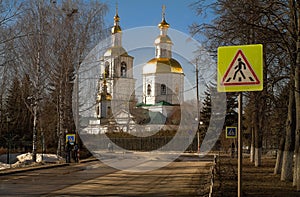The road to the temple. View of the Kazan Cathedral of the monastery Diveevo, Russia from the street side