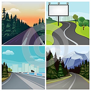 Road to town. Outside highway street scenic different types of city road vector landscape