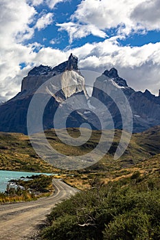 Road to the viewpoint Los Cuernos , Torres del Paine national park in chilean Patagonia