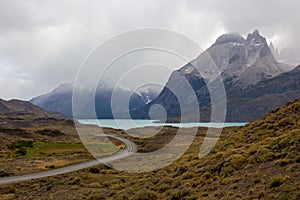 Road to the viewpoint Los Cuernos , Torres del Paine national park in chilean Patagonia