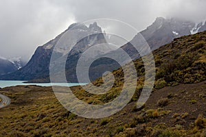 Road to the viewpoint Los Cuernos , Torres del Paine national park in chilean Patagonia