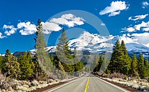 Road towards Mounts Shasta and Shastina in California photo