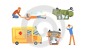 Road Traffic Accident, Ambulance Car Arrived at the Ccene of the Accident Cartoon Vector Illustration