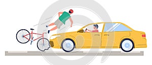 Road traffic accident with bicyclist and car driver vector illustration