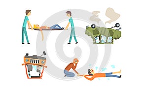 Road Traffic Accident, Paramedics Rescuing and Transporting Injured Patient to Hospital on Stretcher Cartoon Vector