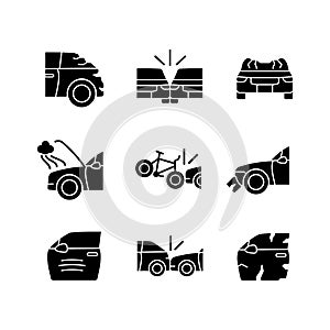Road traffic accidents black glyph icons set on white space