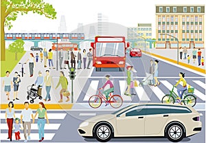 Road traffic with bus stop, pedestrians on zebra crossing and cyclists illustration