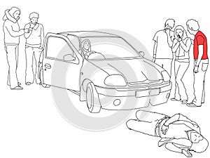 Road traffic collision - injured pedestrian and first aider helping onlookers, highlighted in red t-shirt