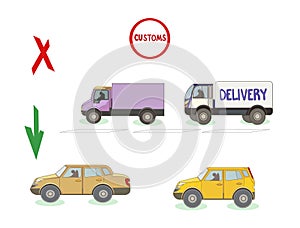 Road traffic at Customs with lines for Cargo trucks and Cars on white isolated background, vector Car control at Borders in