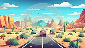 Road traffic in the desert, cactuses, mountains, sand and cars on a crossroad. Modern cartoon illustration of a desert