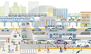 Road traffic with express train, bus and elevated train illustration