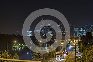 Road Traffic from La Defense Business District at Night Viewed From Above Paris Buildings