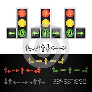 Road Traffic Light Vector. Realistic LED Panel. Sequence Lights Red, Yellow, Green. Time, Turn, Go, Wait, Stop Signals