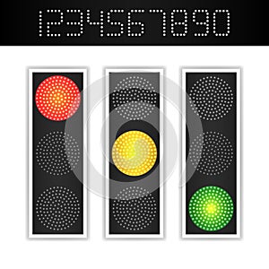 Road Traffic Light Vector. Realistic LED Panel With Time. Sequence Lights Red, Yellow, Green. Go, Wait, Stop Signals