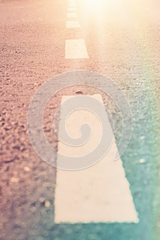 Road with Traffic Marking Stripes from Low Angle Perspective in Golden Sunlight Flare. Life Way Choice Destiny Harmony Challenge