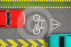 Road traffic offense. Driving by bicycle lane. Concept of biking safety. Top view on road with bike path sign and marks and moving