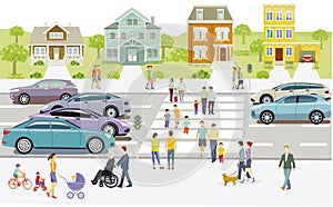 Road traffic with pedestrians in the suburbs, illustration