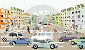 Road traffic with people on the zebra crossing, illustration