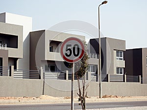 A road traffic sign in Egypt that gives an alert to drivers 50 fifty kilometer per hour is the maximum speed limit, over 50 KM