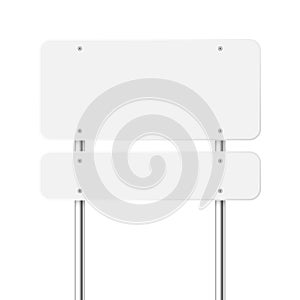 Road, traffic sign. Highway signboard on a chrome metal pole. Blank white board with place for text. Directional signage