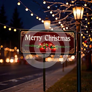 Road traffic sign reading Merry Christmas holiday greetings message