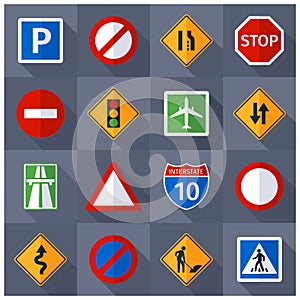 Road traffic signs flat icons set